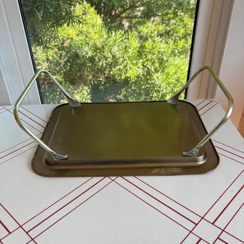 Vintage Faux Bois Metal Folding Lap Tray Gold Tone Legs MCM